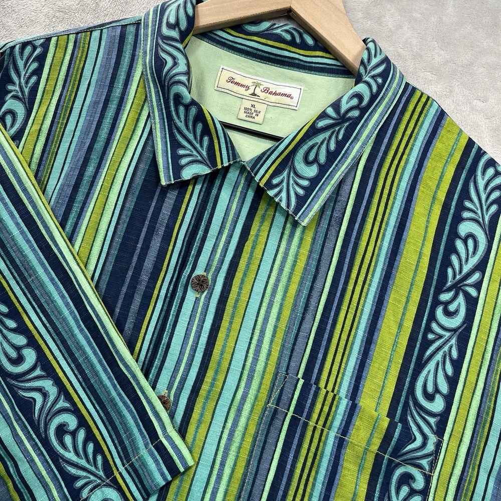 Vintage Tommy Bahama Button Up Shirt Mens XL Blue Green Striped 100% Silk
